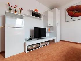 Wohnzimmer mit TV-Wand und Schrank in der Ferienwohnung Salzwedel